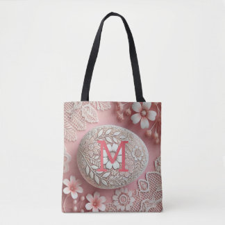 Tote Bag Monogramme dentelle rose blanc fleuri oeuf de Pâqu