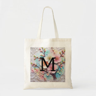 Tote Bag Monogramme dentelle rose pastel fleurs de cerisier