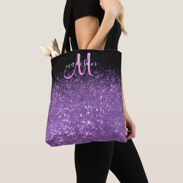 Tote Bag Monogramme d'étincelle à Parties scintillant noire (De près)