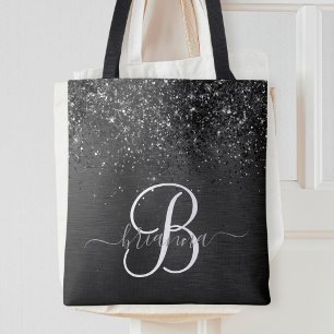 Tote Bag Monogramme d'étincelle à Parties scintillant noire