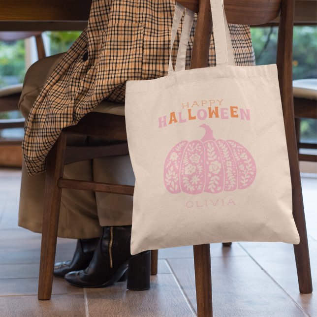 Tote Bag Monogramme d'Halloween Citrouille rose (Créateur téléchargé)