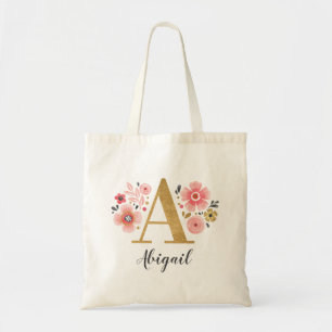 Tote Bag Monogramme d'or Lettre initiale "A" Floral