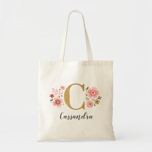 Tote Bag Monogramme d'or Lettre initiale "C" Floral
