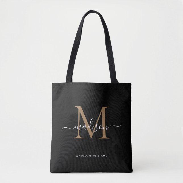 Tote Bag Monogramme d'or noir moderne Nom initial (Devant)