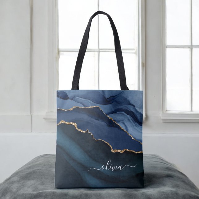 Tote Bag Monogramme doré géode d'agate bleu marine (Créateur téléchargé)