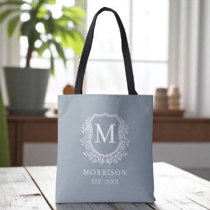 Tote Bag Monogramme Dusty Blue Crest Mariage botanique