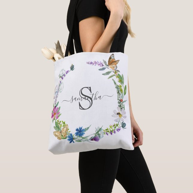 Tote Bag Monogramme Écriture Calligraphique Papillons Fleur (De près)