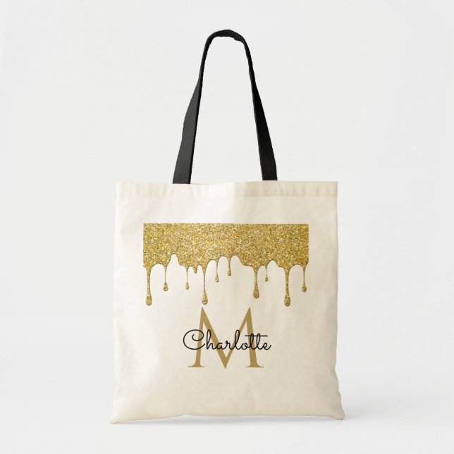 Tote Bag Monogramme élégant de fille avec gouttes de paille (Devant)