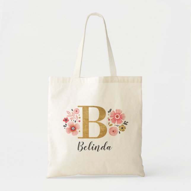Tote Bag Monogramme élégant de nom initial floral or (Devant)