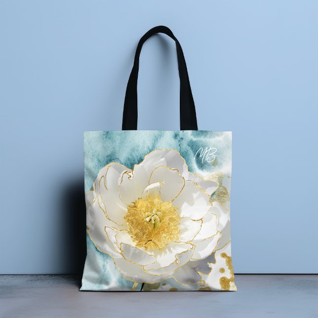 Tote Bag Monogramme Élégant Fleur Luxe Or Aquarelle (Créateur téléchargé)