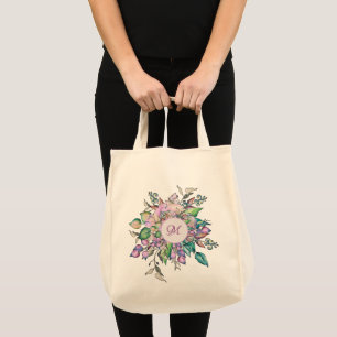 Tote Bag Monogramme élégant floral aquarelle pastel