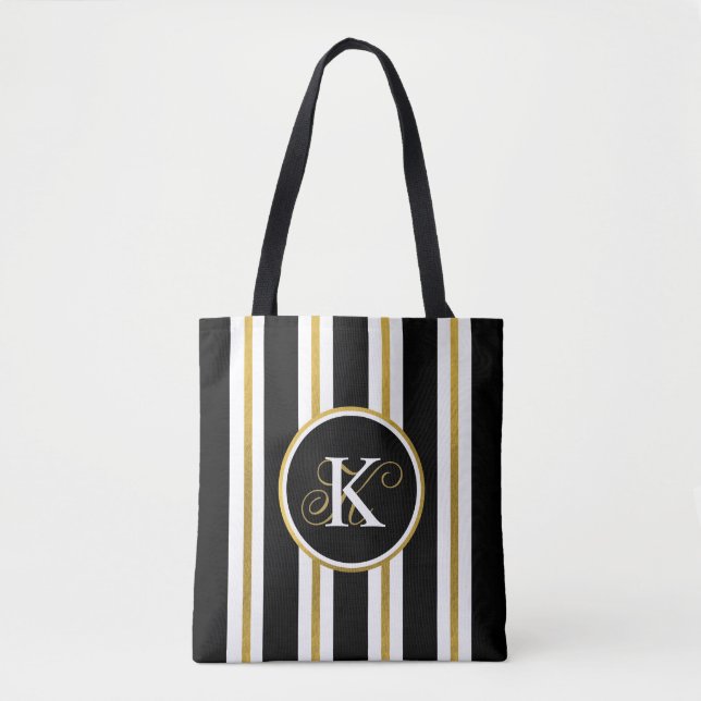 Tote Bag Monogramme Elégant Noir & Or Personnalisé (Devant)