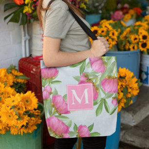 Tote Bag Monogramme Élégant Premier Rose Aquarelle Fleurs
