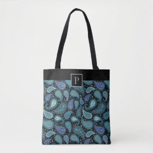 Tote Bag Monogramme Elegant Retro Blue Paisley Motif