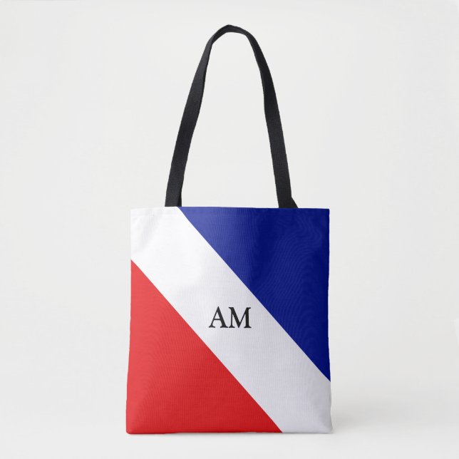 Tote Bag Monogramme en diagonale bleu rouge et blanc (Devant)