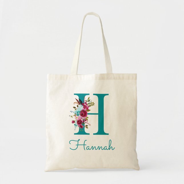 Tote Bag Monogramme en écriture H florale sarcelle rose (Devant)