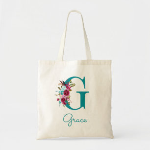 Tote Bag Monogramme en écriture lettre G florale sarcelle r
