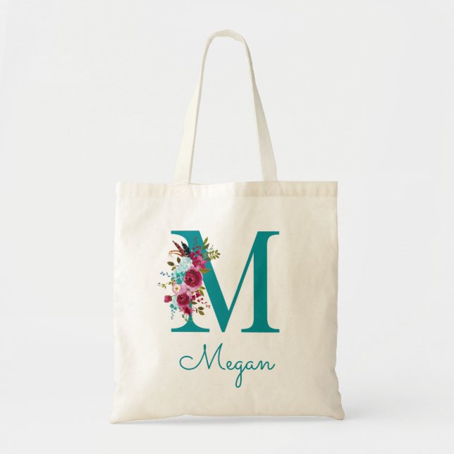 Tote Bag Monogramme en écriture lettre M florale sarcelle r (Devant)