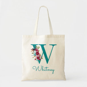 Tote Bag Monogramme en écriture lettre W florale sarcelle r