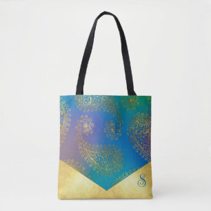 Tote Bag Monogramme en or turquoise et métallique