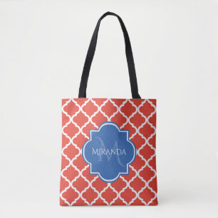 Tote Bag Monogramme et nom bleu Quatrefoil rouge tendance