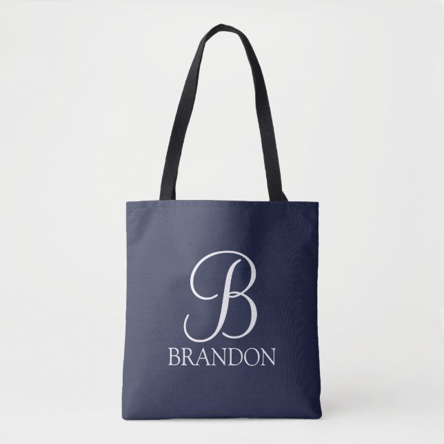 Tote Bag Monogramme et nom de script personnalisé bleu mari (Devant)