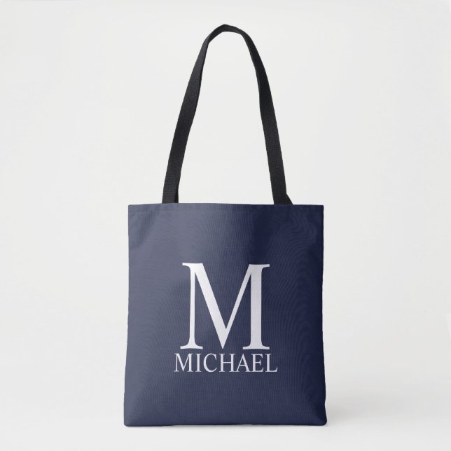 Tote Bag Monogramme et nom personnalisés bleu marine (Devant)