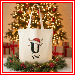 Tote Bag Monogramme Famille Antlers de Noël Santa Hat Fourr