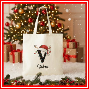 Tote Bag Monogramme Famille Antlers de Noël Santa Hat Fourr
