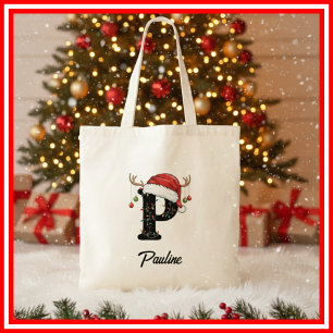 Tote Bag Monogramme Famille Antlers de Noël Santa Hat Fourr