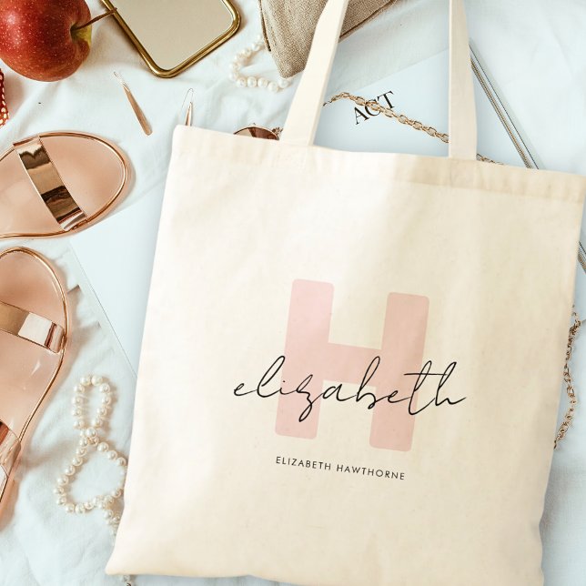 Tote Bag Monogramme Féminin Calligraphie Corail Rose Pâle (Créateur téléchargé)