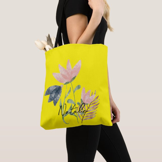 Tote Bag Monogramme Fleurs d'été attirantes l Jaune (De près)