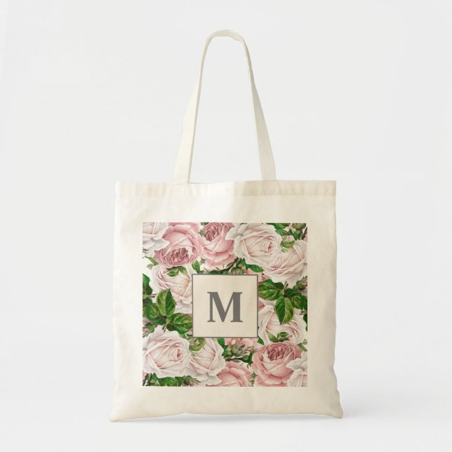 Tote Bag Monogramme floral à crème rose pâle initial (Devant)