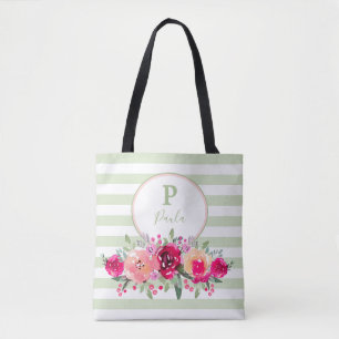 Tote Bag Monogramme floral à l’aquarelle cerise sur rayures