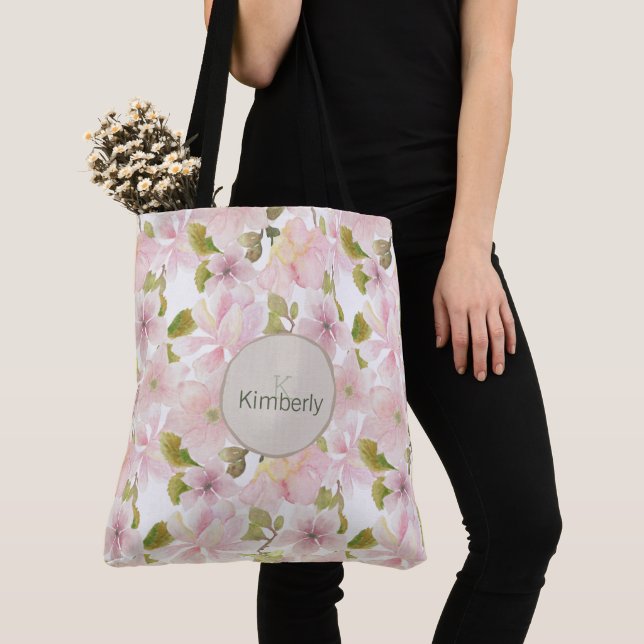 Tote Bag Monogramme floral à l'aquarelle rose (De près)