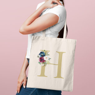 Tote Bag Monogramme floral aquarelle bordeaux marine
