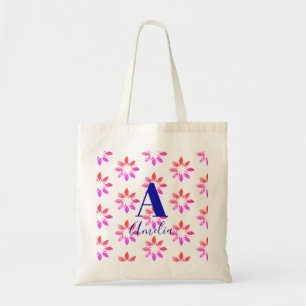 Tote Bag Monogramme Floral Aquarelle Rétro Motif rose chaud