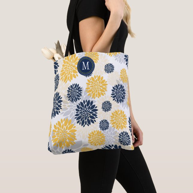 Tote Bag Monogramme floral bleu marine (De près)