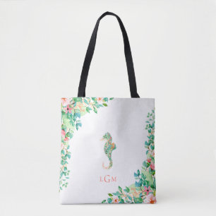 Tote Bag Monogramme floral botanique d'hippocampe