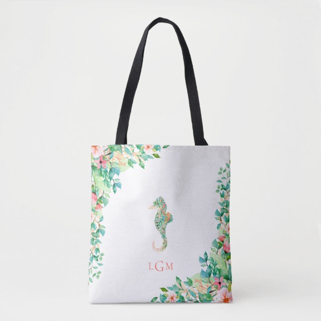 Tote Bag Monogramme floral botanique d'hippocampe (Devant)