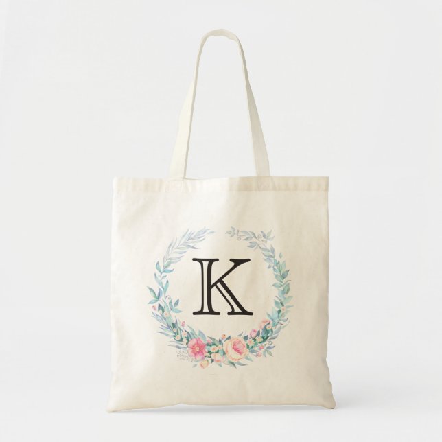 Tote Bag Monogramme floral de guirlande d'aquarelle (Devant)