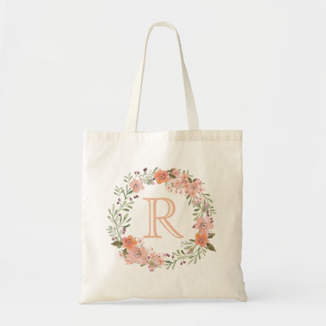 Tote Bag Monogramme floral de pêche romantique (Devant)