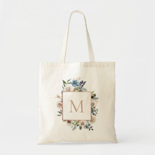 Tote Bag Monogramme floral de Taupe bleu poussiéreux