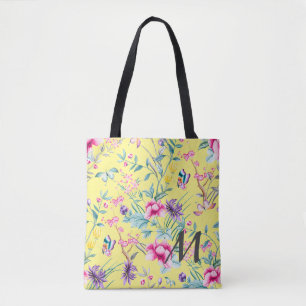 Tote Bag Monogramme floral et papillon jaune