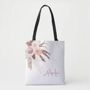 Tote Bag Monogramme Floral Herbe de Pampas Rouge Bohème