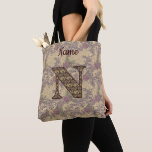 Tote Bag Monogramme floral initial N Élégant Personnalisé