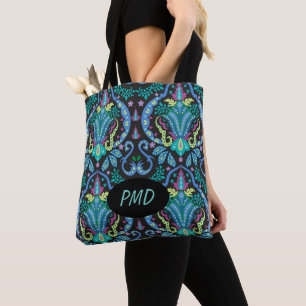Tote Bag Monogramme floral noir turquoise Turquoise moderne