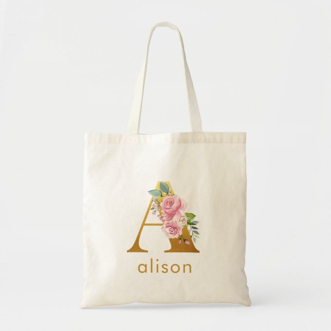 Tote Bag Monogramme Floral Nom Initiale Demoiselle d'Honneu (Devant)