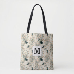 Tote Bag Monogramme Floral Papillon Bleu Vintage