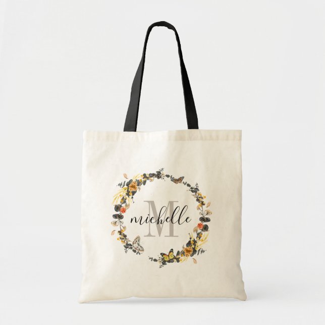Tote Bag Monogramme floral personnalisé Chute dorée (Devant)